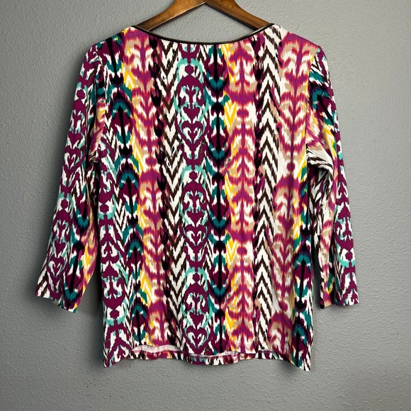 Rafaella‎ Womens Top L Long Sleeve Artsy Colorful Ikat Print Zip Shoulder Detail - Picture 2 of 10